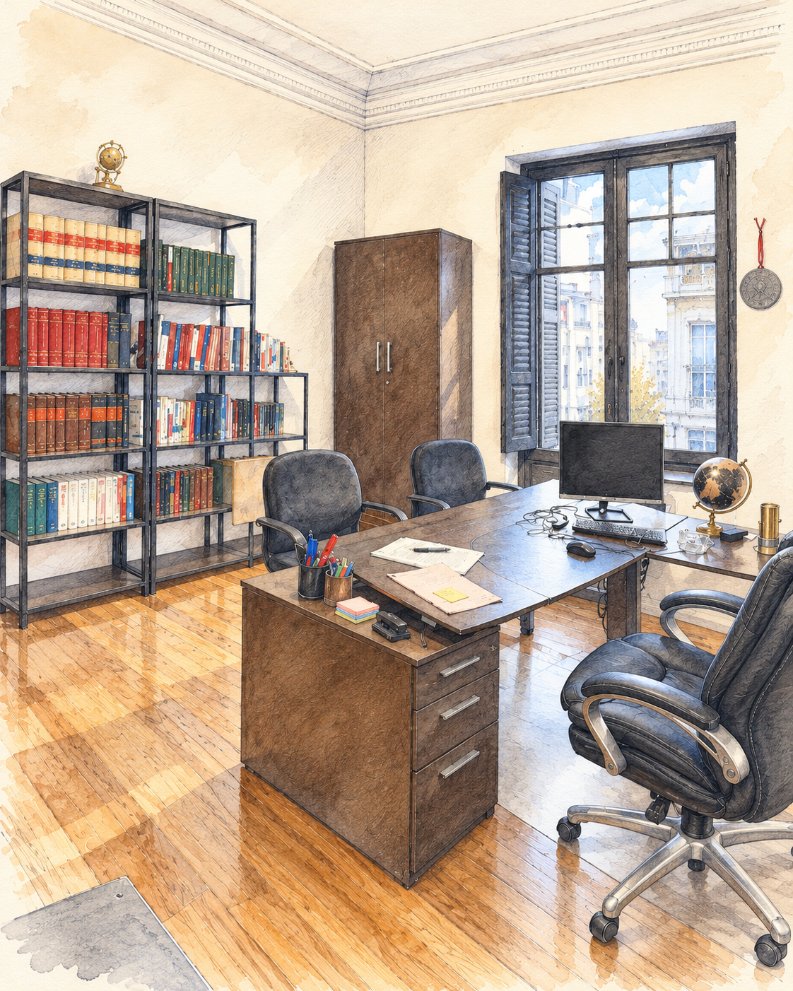 Acuarela del segundo despacho de MOMA Abogados, con librería jurídica